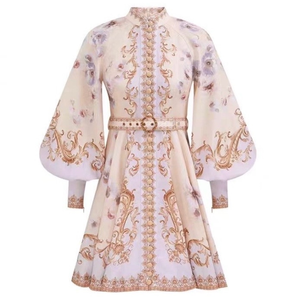 Zimmermann Cream & Gold Embroidered Long-Sleeve Fit-and-Flare Dress-NWT